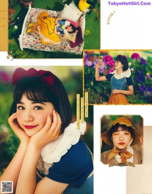 A magazine spread with a picture of a girl dressed as Alice in Wonderland.