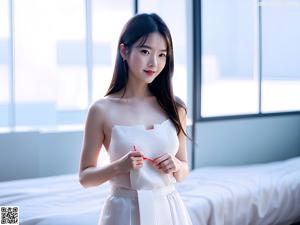 A woman in a white shirt and blue skirt posing for a picture.