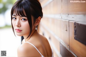 A woman in a white dress standing in front of a white wall.