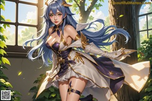A woman with long blue hair wearing a white and blue outfit.