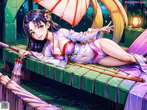 Anime girl in a kimono posing for the camera.