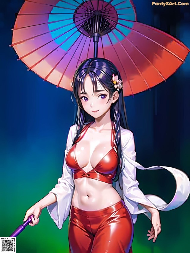 A woman in a red bikini holding an umbrella.