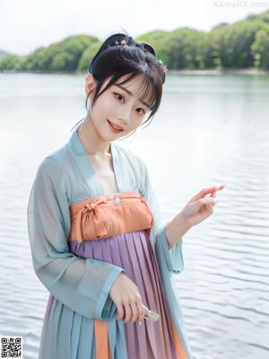 A woman in a pink and white hanbok sitting on a bed.